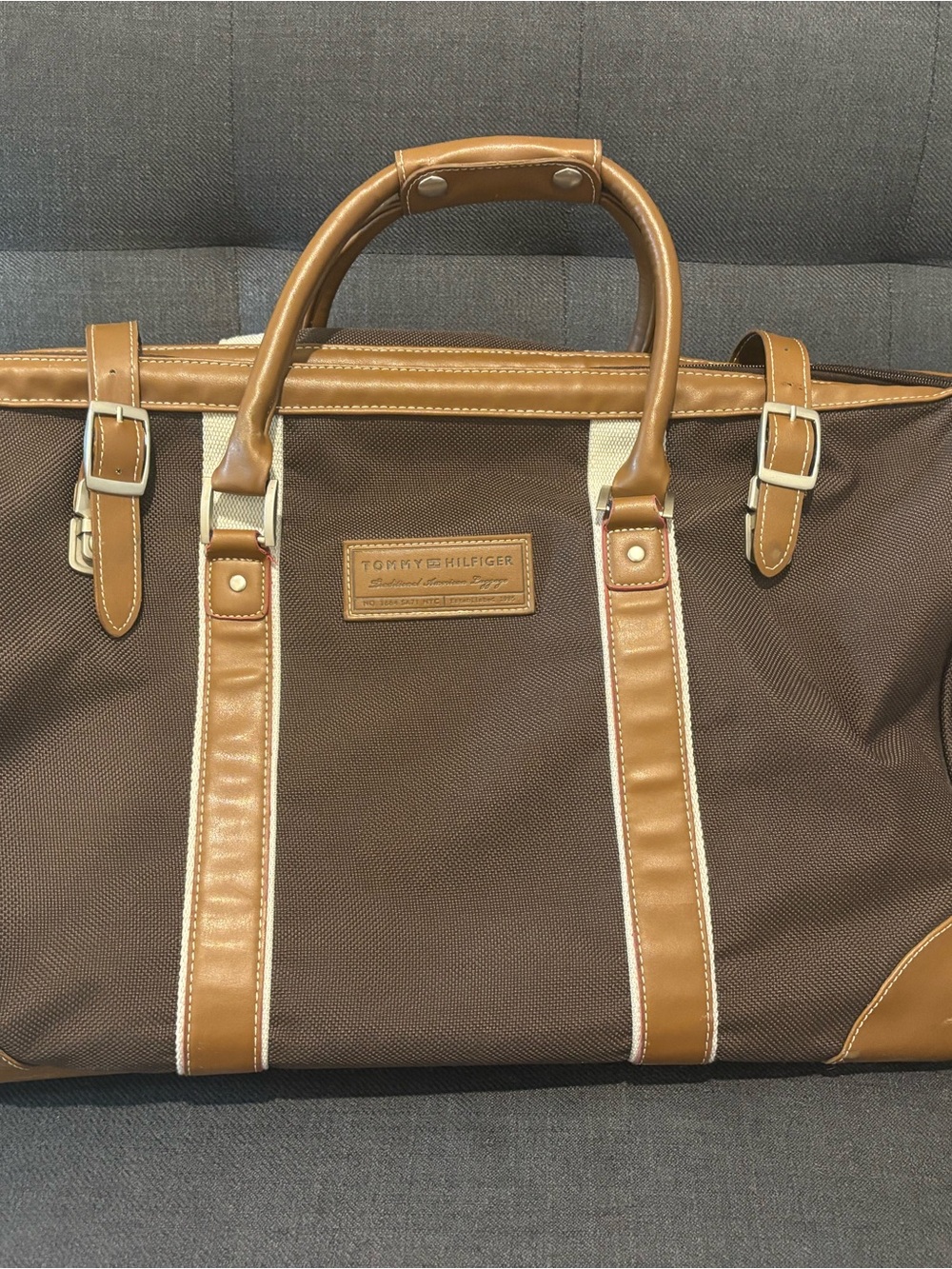 Tommy Hilfiger Brown Canvas Duffel with Tan Leather Trim
